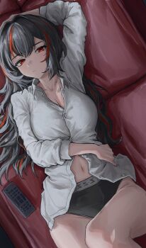 1girl absurdres arm_up black_hair black_panties breasts closed_mouth controller couch d.c._(dc) from_above hand_on_own_stomach hashtag-only_commentary head_on_hand highres knees_up large_breasts long_hair looking_at_viewer lying multicolored_hair navel on_back on_couch panties partially_unbuttoned red_eyes red_hair remote_control revision shirt sitting_sideways solo stomach streaked_hair underwear white_shirt zenless_zone_zero zhu_yuan
