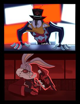 2boys alastor_(hazbin_hotel) alastor_(hazbin_hotel)_(cosplay) animal_ears black_bow black_bowtie black_hat black_jacket bow bowtie bugs_bunny clenched_teeth cosplay daffy_duck fingerless_gloves gloves grin hat hazbin_hotel hellaverse highres indoors jacket long_sleeves looney_tunes monocle multiple_boys priscilla_(smolcilla) profile rabbit_ears red_bow red_bowtie red_jacket smile teeth vox_(hazbin_hotel) vox_(hazbin_hotel)_(cosplay)