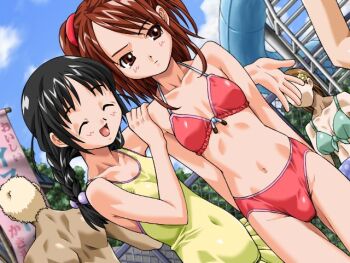 1990s_(style) 1boy 3girls :d ^_^ bikini black_hair blush boku_no_himitsu_taiken braid breasts closed_eyes closed_mouth cloud collarbone covered_navel cow cowboy_shot faceless faceless_female front-tie_bikini_top front-tie_top game_cg hair_ribbon hand_on_another's_shoulder loli long_hair looking_at_viewer low_twin_braids mame medium_breasts multiple_girls nakajima_kazuko_(boku_no_himitsu_taiken) navel one-piece_swimsuit open_hand open_mouth outdoors poolside red_bikini red_eyes red_hair red_ribbon retro_artstyle ribbon saeki_yuki_(boku_no_himitsu_taiken) short_hair sidelocks sky small_breasts smile spread_fingers standing swimsuit tareme twin_braids twintails yellow_one-piece_swimsuit