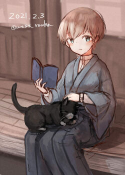 1girl androgynous animal animal_on_lap black_cat black_hakama blue_eyes cat cat_on_lap commentary_request dated grey_kimono hakama hakama_skirt japanese_clothes kantai_collection kimono looking_at_viewer on_lap one-hour_drawing_challenge reading short_hair silver_hair sitting skirt twitter_username unsinkable_sam veranda wss_(nicoseiga19993411) z1_leberecht_maass_(kancolle)