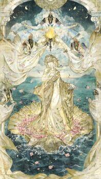 1girl absurdres adapted_costume aglaea_(honkai:_star_rail) ancient_greek_clothes arch architecture bead_belt blonde_hair bracelet chinese_commentary clam_shell cloud dress earrings fabric falling_flower falling_petals fine_art_parody fire floating floating_object flower flower_on_liquid full_body garmentmaker_(honkai:_star_rail) gold_bracelet greco-roman_architecture greco-roman_clothes green_eyes hair_between_eyes hair_flower hair_ornament highres himation holding_cloth honkai:_star_rail honkai_(series) jewelry laurel_crown lips long_dress looking_at_viewer mannequin moon_phases multiple_bracelets necklace ocean parody parted_lips pearl_bracelet pearl_earrings pearl_necklace petals petals_on_liquid pink_flower rainbow renga_(artist) seashell shawl shell short_hair single_bare_shoulder sleeveless sleeveless_dress solo the_birth_of_venus unworn_jewelry unworn_necklace watermark wavy_hair weibo_watermark white_dress yellow_shawl