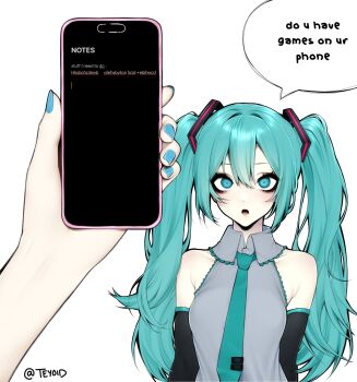 1girl :o armpit_crease bare_shoulders black_sleeves blue_eyes blue_hair blue_nails blue_necktie breasts cellphone collared_shirt commentary constricted_pupils detached_sleeves do_you_have_any_games_on_your_phone?_(meme) double-parted_bangs english_commentary english_text fingernails grey_shirt hair_between_eyes hatsune_miku highres holding holding_phone long_hair looking_at_viewer meme nail_polish necktie notes open_mouth phone pov pov_hands shirt simple_background sleeveless sleeveless_shirt small_breasts smartphone solo_focus speech_bubble talking teyoid twintails vocaloid white_background