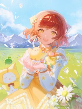 1girl ^_^ absurdres ahoge animal apple apron baby_animal bird blue_sky bow bow_apron bowtie brooch cat chick cloak closed_eyes clothed_animal cloud country_lolita cowboy_shot daisy_(flower) day dress ear_covers endoftheworld600 eyelashes field floral_print flower flower_brooch food food-themed_creature frilled_sleeves frills fruit green_apple hair_flower hair_ornament happy headscarf highres hood hood_up hooded_cloak infinity_nikki jewelry junimo layered_sleeves light_particles lolita_fashion long_sleeves momo_(nikki) mountain navel nikki_(nikki) nikki_(series) object_floating_above_hand open_mouth orange_dress orange_scarf outdoors petals pinafore_dress print_apron print_scarf print_sleeves puffy_long_sleeves puffy_sleeves red_bow red_bowtie red_hair scarf shirt short_hair short_over_long_sleeves short_sleeves sky sleeveless sleeveless_dress sleeves_past_wrists smile standing stardew_valley stardew_valley_encounter_(infinity_nikki) teeth traditional_bowtie upper_teeth_only white_bow white_cat white_flower white_headscarf white_shirt yellow_apron yellow_cloak yellow_eyes yellow_flower