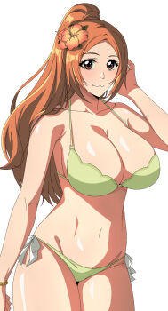 1girl artist_request bikini bleach bleach:_brave_souls bracelet breasts cleavage collarbone flower green_bikini hair_flower hair_ornament inoue_orihime jewelry large_breasts long_hair looking_at_viewer navel official_alternate_costume orange_hair ponytail smile solo swimsuit