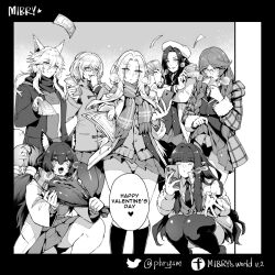6+girls alpha_(kage_no_jitsuryokusha_ni_naritakute!) animal_ear_fluff animal_ears artist_name banknote character_request clothes_lift cowboy_shot facebook_username gamma_(kage_no_jitsuryokusha_ni_naritakute!) greyscale group_picture happy_valentine harem hat heart holding holding_money holding_phone jacket kage_no_jitsuryokusha_ni_naritakute! long_hair mibry_(phrysm) miniskirt money money_gesture monochrome multiple_girls panties phone pleated_skirt short_hair skirt skirt_lift speech_bubble spoken_heart twitter_username underwear valentine