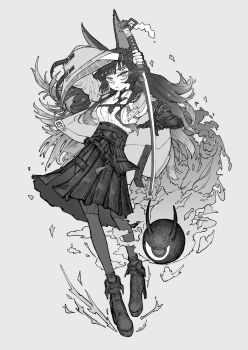 1girl 1other animal_ear_fluff animal_ears arm_out_of_sleeve black_gloves black_hair black_necktie black_shoes black_skirt commentary commission english_commentary fighting_stance fingerless_gloves fox_ears fox_girl gloves greyscale hand_to_blade haruchan high-waist_skirt highres holding holding_sword holding_weapon hoshimi_miyabi jacket katana long_hair looking_at_viewer monochrome necktie open_mouth pantyhose shirt shirt_tucked_in shoes simple_background single_fingerless_glove single_glove skirt sword tailless_(zenless_zone_zero) weapon white_background white_shirt wristband zenless_zone_zero