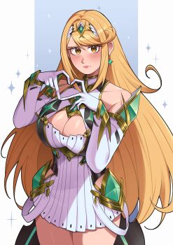 Rule 34 | 1girl, absurdres, bare shoulders, blonde hair, blush, breasts, chest jewel, cleavage, cleavage cutout, closed mouth, clothing cutout, collarbone, commentary, core crystal (xenoblade), deliciousbrain, dress, earrings, elbow gloves, floating earrings, four-finger heart hands, gem, gloves, headpiece, heart, heart hands, highres, jewelry, large breasts, long hair, long sleeves, looking at viewer, microdress, mythra (xenoblade), sleeveless, sleeveless dress, solo, sparkle, swept bangs, tiara, very long hair, white dress, xenoblade chronicles (series), xenoblade chronicles 2, yellow eyes