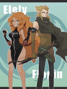 Rule 34 | 1boy, 1girl, big hair, black dress, blonde hair, bow (weapon), breasts, character name, dress, elely, fingerless gloves, flopin, gloves, highres, labell xx, letterboxed, long hair, looking at viewer, orange hair, pointy ears, smile, wakfu, weapon
