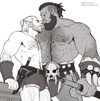 2boys abs arm_hair armpit_hair axe bara beard beard_stubble belt bone chest_hair closed_mouth connected_beard cowboy_shot dreadlocks earrings elf eyebrow_cut eyebrow_piercing face_piercing facial_hair full_beard half_updo holding holding_axe jewelry large_pectorals leather_shorts leg_hair loincloth looking_at_another male_focus marcus_(rnarccus) mature_male monochrome multiple_boys muscular muscular_arms muscular_male mustache_stubble nipples orc original paid_reward_available pectorals piercing pointy_ears scabbard sheath skull_belt stubble thick_beard tribal tusks undercut vambraces white_background yaoi