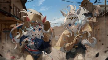 2girls absurdres ahoge animal_ears belt blue_eyes blue_hairband blue_jacket blue_pants blue_shirt blue_sky blush brooch brown_gloves brown_poncho building cloud commentary_request cowboy cowboy_hat cowboy_western duang_(user_tsag8258) ear_covers ear_ornament ears_through_headwear eye_trail gloves grey_hair grey_tail grin hair_between_eyes hair_ornament hairband hat headband highres horse_ears horse_girl horse_tail jacket jewelry light_trail long_hair long_sleeves multicolored_hair multiple_girls neckerchief oguri_cap_(umamusume) open_mouth outdoors pants poncho power_lines red_headband running shirt sky smile star_brooch striped_clothes striped_hairband tail tamamo_cross_(umamusume) teeth umamusume utility_pole western