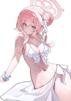 1girl absurdres bikini blue_archive blush breasts commentary_request flower hair_bun hair_flower hair_ornament halo highres inori_mai large_breasts looking_at_viewer mimori_(blue_archive) mimori_(swimsuit)_(blue_archive) navel official_alternate_costume pink_hair pink_halo sarong scrunchie short_hair simple_background single_side_bun stomach swimsuit thighs white_background white_bikini white_sarong wrist_scrunchie