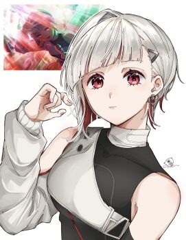 1girl asymmetrical_hair bare_shoulders black_shirt breasts closed_mouth commentary covered_collarbone deepness_(love_live!) diagonal_bangs expressionless grey_hair hand_up highres link!_like!_love_live! looking_at_viewer love_live! medium_breasts official_art_inset rakko_no_yu_uyu red_eyes reference_inset shirt short_hair shrug_(clothing) signature single_sleeve sleeveless sleeveless_shirt solo turtleneck turtleneck_shirt upper_body virtual_youtuber white_shrug yugiri_tsuzuri