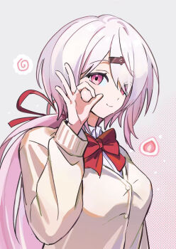 1girl attsei brown_cardigan cardigan collared_shirt commentary_request daifuku food fruit gradient_background grey_background hair_over_one_eye highres long_hair long_sleeves looking_at_viewer nijisanji ok_sign pink_background pink_eyes pink_hair ponytail red_eyes shiina_yuika shiina_yuika_(1st_costume) shirt smile solo strawberry upper_body virtual_youtuber white_shirt