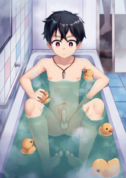 1boy bath bathtub black_hair closed_mouth feet highres jewelry kemono_jihen kusaka_kabane liu_xi_ruki male_focus necklace nipples nude partially_submerged penis red_eyes rubber_duck short_hair shota solo steam testicles thick_thighs thighs tile_floor tiles water
