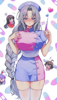 4girls adapted_costume blue_hat braid breasts chibi chibi_inset commentary cowboy_shot dress fingernails grey_eyes grey_hair hat heart highres holding holding_syringe houraisan_kaguya inaba_tewi large_breasts long_hair multiple_girls nurse nurse_cap puffy_short_sleeves puffy_sleeves reisen_udongein_inaba short_sleeves solo_focus spoken_heart straight-on syringe thighhighs touhou tsubakiharuki two-tone_dress very_long_hair white_thighhighs yagokoro_eirin
