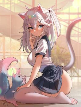 1girl absurdres animal animal_ears ass blue_fur blue_skirt blue_tail blush breasts cat_ears cat_girl cat_tail clothes_lift extra_ears fang grey_eyes grey_hair hair_ornament hairpin highres indie_virtual_youtuber kemonomimi_mode large_breasts long_hair looking_at_viewer multicolored_tail open_mouth paw_print_socks paw_print_soles pink_tail pointy_ears ponytail raised_eyebrows rosebell school_uniform serafuku shirt side_ponytail silvervale skirt skirt_lift tail tail_raised thighhighs twintails vei_(vtuber) vei_(schoolgirl_2.0)_(vtuber) virtual_youtuber white_serafuku white_shirt white_thighhighs wolf