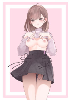 1girl ahoge black_skirt border breasts brown_hair clothes_lift commentary_request cowboy_shot gluteal_fold grey_eyes hair_behind_ear heart heart_in_eye highres kuchitoito lifting_own_clothes long_sleeves looking_down medium_breasts medium_hair nail_polish nipple_piercing nipples no_bra object_insertion original outside_border parted_lips piercing pink_background pink_nails pink_sweater pleated_skirt pussy_juice remote_control_vibrator sex_toy skirt solo standing sweat sweater sweater_lift symbol_in_eye thighs vaginal vaginal_object_insertion vibrator