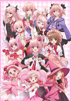 1boy 6+girls :d absurdres animal_ears anya_alstreim astolfo_(fate) astolfo_(memories_at_trifas)_(fate) azaka_(rionrita) belt bishoujo_senshi_sailor_moon bishoujo_senshi_sailor_moon_r brown_hair cardcaptor_sakura cat_ears chibi_usa chocolat_meilleure code_geass cone_hair_bun crossover double_bun fang gasai_yuno gloves hair_bun harukaze_doremi hat heart highres hinamori_amu jacket kaname_madoka kinomoto_sakura krul_tepes long_hair looking_at_viewer mage_staff magical_girl mew_ichigo mirai_nikki momomiya_ichigo multiple_crossover multiple_girls ojamajo_doremi open_mouth owari_no_seraph pink_belt pink_gloves pink_hair pink_hat pink_skirt pink_theme purple_eyes purple_jacket red_eyes sailor_senshi_uniform shugo_chara! skirt slit_pupils smile staff sugar_sugar_rune twintails vampire w witch_hat
