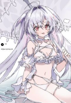 1girl ahoge breasts fate/grand_order fate_(series) highres holding holding_umbrella lady_avalon_(fate) looking_at_viewer medium_breasts merlin_(fate/prototype) pink_eyes sitting solo swimsuit syst098 tongue tongue_out twintails umbrella white_hair