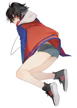1boy age_regression aged_down ahoge ass bare_legs black_hair black_shoes blue_jacket chinese_commentary closed_mouth denim denim_shorts from_behind full_body grey_shorts hair_between_eyes headphones headphones_around_neck heterochromia highres hood hood_down hooded_jacket hypnosis_mic jacket long_sleeves looking_at_viewer looking_back maosanmu mole mole_under_eye multicolored_jacket open_clothes red_eyes red_jacket shoe_soles shoes short_hair short_shorts shorts simple_background sneakers solo white_background yamada_ichiro