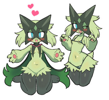 1girl :3 animal_hands animal_nose batrobin_k bikini black_bikini blue_eyes blush body_fur breasts cape claws commentary_request cropped_legs fang furry furry_female green_fur green_hair groin hands_up happy heart highres looking_at_viewer mask meowscarada micro_bikini multiple_views navel nintendo one_eye_closed open_mouth pawpads pokemon pokemon_(creature) short_hair simple_background sitting skin_fang small_breasts smile stomach swimsuit tail thighs two-tone_fur wariza white_background