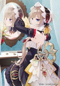 1girl arms_behind_head automaton_(object) bare_shoulders black_dress blue_eyes braid breasts brown_hair bun_with_braided_base detached_sleeves dress genshin_impact gloves highres indoors long_hair long_sleeves looking_at_viewer looking_back mirror nyanya pantyhose parted_lips reflection sandrone_(genshin_impact) short_hair_with_long_locks sitting solo white_gloves white_headdress white_pantyhose