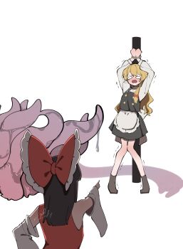 2girls apron back_bow black_skirt black_vest blonde_hair blush bound bound_wrists bow braid brown_hair commentary_request frilled_bow frills hair_bow hakurei_reimu highres imminent_rape imminent_tentacle_sex kirisame_marisa long_hair long_sleeves monster multiple_girls niru_(ka_k_0517) no_headwear open_mouth pointing red_bow restrained side_braid signature single_braid skirt slime_(substance) tentacles touhou trembling very_long_hair vest waist_apron white_apron white_bow