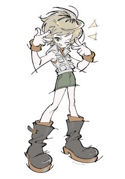 Rule 34 | 1girl, blonde hair, boots, brown boots, double v, full body, green eyes, green skirt, grey vest, haejeo1008, heather mason, highres, miniskirt, one eye closed, open mouth, orange sweater, orange wrist cuffs, short hair, silent hill (series), silent hill 3, skirt, sleeveless, sleeveless turtleneck, smile, solo, sweater, turtleneck, v, vest, white background, wrist cuffs