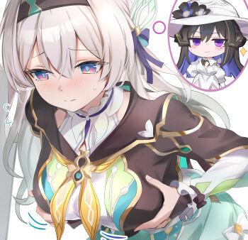 2girls black_capelet black_hair black_hairband blush breasts capelet commentary_request constance_(honkai:_star_rail) dress firefly_(honkai:_star_rail) grabbing_own_breast green_dress grey_hair hairband hat highres honkai:_star_rail honkai_(series) large_breasts long_hair mole mole_under_eye multicolored_eyes multicolored_hair multiple_girls purple_hair simple_background smug tomas_(kaosu22) two-tone_eyes two-tone_hair very_long_hair white_dress white_hat