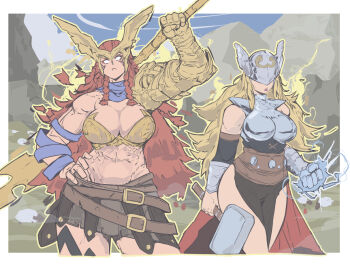 abs angela_(marvel) bodypaint breasts jane_foster large_breasts long_hair looking_at_viewer marvel marvel_rivals metal_bra michel_teru mjolnir_(marvel) muscular muscular_female navel norse red_hair thor:_love_and_thunder thor_(jane_foster) thor_(marvel)_(series) weapon