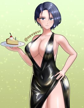 Rule 34 | 1girl, bare shoulders, black dress, blue eyes, blue hair, blush, breasts, cake, cake slice, cleavage, collarbone, covered navel, dress, evening gown, fire emblem, fire emblem: three houses, food, highres, holding, holding plate, large breasts, looking at viewer, nintendo, novasvr, plate, shamir nevrand, short hair, smile, solo, thighs