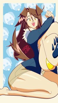 1girl absurdres ahoge animal_ears bikini bikini_top_only blue_background blue_jacket border breast_press breasts brown_hair dog dog_ears dog_girl dog_tail ego_trigger fur_collar gigantic_breasts hardkoba highres hood hoodie jacket lass_(ego_trigger) leaning_on_object long_hair looking_at_viewer on_floor open_mouth parted_bangs pasties shorts sidelocks solo swimsuit tail thick_thighs thighs tooth white_border yellow_eyes zipper