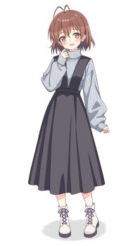 1girl :d absurdres antenna_hair black_skirt blush boots brown_eyes brown_hair chinese_commentary clannad commentary_request full_body furukawa_nagisa grey_sweater hair_between_eyes hand_up highres lace-up_boots long_skirt long_sleeves looking_at_viewer open_mouth ribbed_sweater setteiset short_hair simple_background skirt sleeves_past_wrists smile solo standing suspender_skirt suspenders sweater white_background white_boots