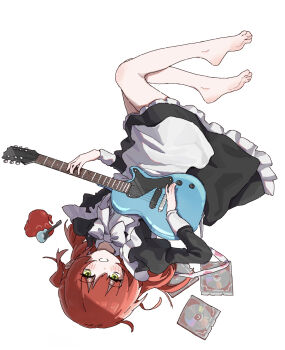 apron bare_legs barefoot bocchi_the_rock! cd cd_case commentary_request green_eyes guitar highres holding holding_guitar holding_instrument instrument kita_ikuyo long_hair maid maid_apron mcwanderer red_hair thighs white_apron white_background