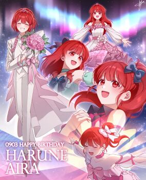 :d aurora bare_shoulders black_bow blush bouquet bow character_name choker closed_eyes dated detached_sleeves dot_nose dress facing_viewer flower formal_clothes frilled_dress frills full_body gloves green_choker green_dress grin hair_bow hands_up happy_birthday harune_aira highres holding holding_bouquet jacket jewelry long_hair long_sleeves looking_at_viewer looking_to_the_side medium_hair meng_(prism_shining) multiple_views necklace night night_sky open_mouth outstretched_arms own_hands_together pants pearl_necklace pink_bow pink_flower ponytail pretty_rhythm pretty_rhythm_aurora_dream pretty_series puffy_short_sleeves puffy_sleeves red_hair short_sleeves sidelocks signature sky sleeveless sleeveless_dress smile spread_arms spread_fingers standing star_(sky) starry_sky straight-on strapless strapless_dress suit tiara white_bow white_dress white_gloves white_jacket white_pants white_suit