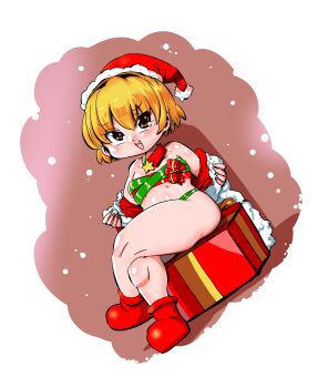 1girl blonde_hair blush boots box breasts brown_eyes christmas crossed_legs fang full_body gift gift_box hairband hat houjou_satoko kiliu loli looking_at_viewer open_mouth red_footwear red_headwear ribbon santa_hat short_hair sitting small_breasts smile solo