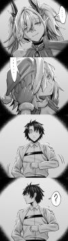 ... 1boy 2girls ? absurdres breasts christmas closed_mouth commentary_request faceless faceless_male fate/grand_order fate_(series) fujimaru_ritsuka_(male) gloves greyscale hat highres hxd large_breasts lilith_(fate) long_hair long_sleeves mash_kyrielight monochrome multiple_girls santa_hat shirt short_hair smile spoken_ellipsis spoken_question_mark twintails