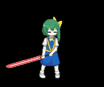 1girl animated animated_gif blue_dress bow chinese_commentary closed_eyes collared_shirt colored_skin commentary_request cookie_(touhou) daiyousei diyusi_(cookie) dress energy_sword full_body green_hair hair_bow high-visibility_clothing high-visibility_vest holding holding_sword holding_weapon lightsaber long_hair no_mouth pinafore_dress pixel_art red_lightsaber shinonome-sama shirt shoes short_sleeves side_ponytail simple_background sleeveless sleeveless_dress socks solo sword touhou traffic_baton transparent_background weapon white_shirt white_shoes white_skin white_socks