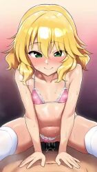 1boy 1girl animated blinking blonde_hair blush bra clothed_female_nude_male clothing_aside collarbone cowgirl_position dark_penis flat_chest girl_on_top gradient_background green_eyes hadacra hetero idolmaster idolmaster_cinderella_girls lace lace-trimmed_bra lace-trimmed_panties lace_trim lingerie loli looking_at_viewer medium_hair navel nude panties panties_aside penis pink_bra pink_panties pov pov_crotch pussy pussy_juice sakurai_momoka sex sidelocks simple_background smile solo_focus steam straddling sweat tagme thighhighs uncensored underwear vaginal video white_thighhighs