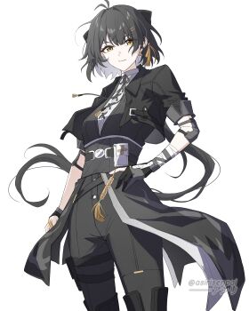 1girl absurdres adapted_costume antenna_hair asiri_senpai bandaged_arm bandages black_bow black_dress black_gloves black_hair black_jacket black_pants bow breasts closed_mouth colored_inner_hair commentary cosplay cropped_jacket cross-laced_clothes cross-laced_dress dress earrings elbow_pads female_rover_(wuthering_waves) gloves hair_bow hair_ribbon hand_on_own_hip high-low_dress highres jacket jewelry looking_at_viewer male_rover_(wuthering_waves) male_rover_(wuthering_waves)_(cosplay) medium_breasts multicolored_hair open_clothes open_jacket pants partially_fingerless_gloves ribbon rover_(wuthering_waves) simple_background sleeves_rolled_up smile solo triangle_earrings twitter_username white_background white_hair wuthering_waves yellow_eyes yellow_ribbon
