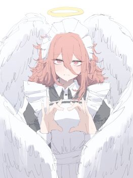 Rule 34 | 1boy, alternate costume, androgynous, angel, angel devil (chainsaw man), angel wings, apron, blush, chainsaw man, collared dress, commentary, crossdressing, crossdressing (mtf), dress, enmaided, facing viewer, feathered wings, frilled apron, frills, ginjaeru, hair between eyes, halo, heart, heart hands, highres, jitome, long hair, long hair between eyes, looking at viewer, maid, maid apron, maid headdress, male focus, messy hair, moe moe kyun!, parted lips, puffy short sleeves, puffy sleeves, red eyes, red hair, short sleeves, solo, straight-on, sweat, symbol-only commentary, traditional halo, white apron, white background, white wings, wings