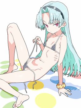 1girl aqua_hair barefoot bikini expressionless flat_chest hairband highres looking_at_viewer matuo3232 navel open_clothes pink_eyes rance_(series) sengoku_rance shinobu_(rance) side-tie_bikini_bottom sitting soles solo swimsuit untied_bikini