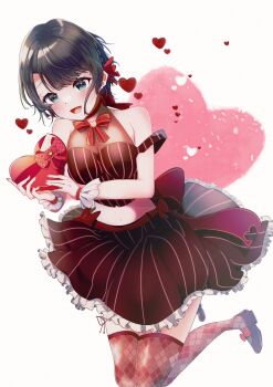 Rule 34 | 1girl, :d, absurdres, argyle clothes, argyle thighhighs, artist name, back bow, bare shoulders, black hair, black shoes, blue eyes, blush, bow, bow choker, skirt bow, bowtie, box, braid, breasts, brooch, brown shirt, brown skirt, brown thighhighs, choker, cropped shirt, double strap slip, emutakanoe, footwear bow, frilled skirt, frilled wrist cuffs, frills, full body, gift, gift box, hair bow, halter shirt, halterneck, heart, heart-shaped box, heart-shaped pupils, heart brooch, highres, holding, holding box, holding gift, hololive, jewelry, large bow, large breasts, looking at viewer, mary janes, midriff, navel, oozora subaru, open mouth, pinstripe pattern, pinstripe shirt, pinstripe skirt, red bow, red bowtie, shirt, shoes, short hair, side braid, signature, skirt, sleeveless, sleeveless shirt, smile, solo, strap slip, swept bangs, symbol-shaped pupils, thighhighs, valentine, virtual youtuber, white background, white wrist cuffs, wrist cuffs