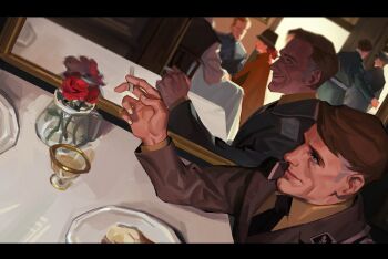 1boy ashtray black_necktie brown_hair brown_suit cigarette collared_shirt flower formal_clothes from_side green_eyes hans_landa holding holding_cigarette indoors inglourious_basterds male_focus mature_male mirror necktie parted_hair people plate red_flower red_rose redsakaone restaurant rose shirt smile solo solo_focus suit table vase yellow_shirt