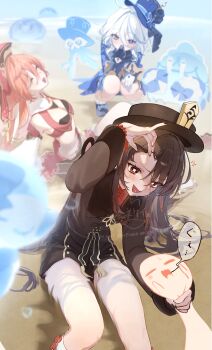 Rule 34 | 3girls, anger vein, antlers, asymmetrical gloves, bead bracelet, beads, black shorts, blue eyes, blue hair, blue hat, boo tao (genshin impact), bracelet, breasts, brown hair, brown hat, brown shirt, chinese clothes, closed eyes, commentary request, covering own mouth, deer antlers, flower-shaped pupils, furina (genshin impact), genshin impact, gentilhomme usher, gloves, hair between eyes, hand in own hair, hand on own knee, hand over own mouth, hat, heterochromia, highres, holding ghost, horns, hu tao (genshin impact), imasaki kei, jewelry, long hair, long sleeves, looking at another, mademoiselle crabaletta, mismatched gloves, multicolored hair, multiple girls, nail polish, on ground, open mouth, partially submerged, pink hair, porkpie hat, red eyes, red skirt, shallow water, shirt, short hair, shorts, sitting, skirt, slime (genshin impact), small breasts, speech bubble, squatting, surintendante chevalmarin, symbol-shaped pupils, top hat, water, wet, white hair, yanfei (genshin impact)