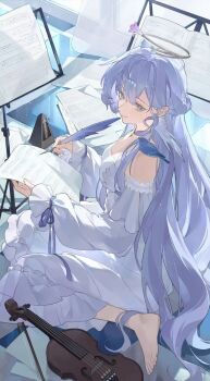 1girl alternate_costume animal animal_on_shoulder aqua_eyes bare_shoulders barefoot bird bird_on_shoulder bow_(music) closed_mouth detached_sleeves dress hair_between_eyes halo highres holding holding_quill honkai:_star_rail honkai_(series) indoors instrument long_hair long_sleeves looking_at_animal metronome purple_hair quill robin_(honkai:_star_rail) second-party_source sheet_music sitting smile solo very_long_hair violin wariza white_dress writing ye_xing_caomei