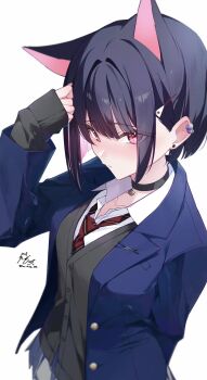 1girl alternate_costume animal_ears black_cardigan black_choker black_hair blazer blue_archive blue_jacket blush cardigan cat_choker cat_ears cat_girl choker collared_shirt colored_inner_animal_ears colored_inner_hair earclip earrings extra_ears grey_skirt hair_ornament hairclip hand_on_own_head hand_up highres jacket jewelry kazusa_(blue_archive) long_sleeves looking_at_viewer loose_necktie multicolored_hair necktie nekomochi open_clothes open_jacket pink_hair pleated_skirt red_eyes red_necktie sailor_collar school_uniform shirt short_hair skirt sleeves_past_wrists solo stud_earrings two-tone_hair upper_body white_sailor_collar white_shirt