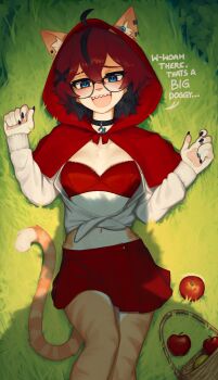 Rule 34 | !, 1girl, :d, absurdres, aeiou (yoako), ahoge, animal ear fluff, animal ear piercing, animal ears, animal nose, apple, basket, black-framed eyewear, black choker, black hair, black nails, blue eyes, blush, body fur, bra, breasts, capelet, cat ears, cat girl, cat tail, choker, commentary, cosplay, english commentary, english text, food, fruit, furry, furry female, glasses, grass, hair between eyes, hair ornament, highres, hood, hooded capelet, jupiter symbol, little red riding hood (fairy tale), little red riding hood (fairy tale character), little red riding hood (fairy tale character) (cosplay), long sleeves, looking at viewer, lying, multicolored hair, nail polish, navel, on back, on ground, open clothes, open mouth, open shirt, original, outdoors, pawpads, pleated skirt, red bra, red capelet, red hair, red skirt, shadow, sharp teeth, shirt, short hair, skirt, small breasts, smile, solo, tail, teeth, two-tone hair, underwear, white shirt, x hair ornament, yoako