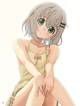 1girl bare_shoulders closed_mouth collarbone dot_mouth feet_out_of_frame female_focus green_eyes grey_hair hair_between_eyes hair_ornament hairclip highres legs looking_at_viewer simple_background sitting smile solo thick_thighs thighs white_background yama_no_susume yukimura_aoi
