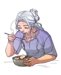 Rule 34 | 1girl, alternate costume, alternate hairstyle, bowl, casual, chopsticks, closed eyes, collarbone, commentary request, cyh201201, eating, final fantasy, final fantasy xiv, food, food in mouth, grey hair, hair bun, half updo, highres, holding, holding chopsticks, korean commentary, long hair, noodles, purple shirt, ramen, shirt, short sleeves, simple background, single hair bun, solo, sweat, upper body, venat (ff14), white background